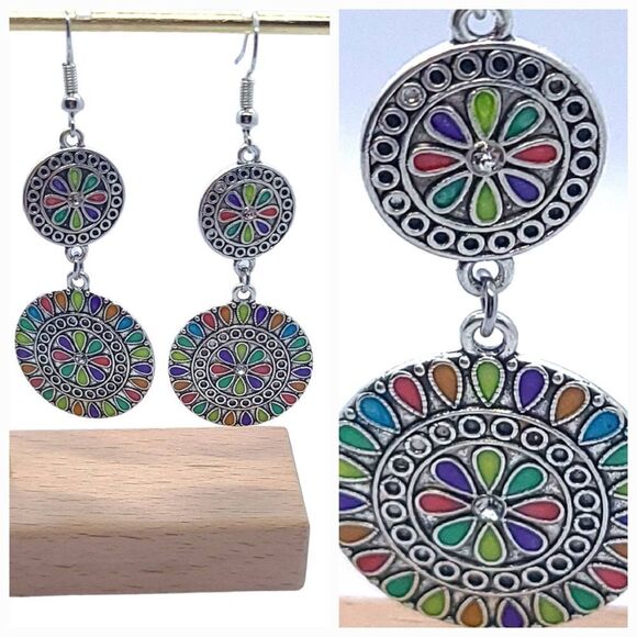 Boho Rainbow Double Mandala Round Dangle Drop Earrings Ethnic Tribal Jewelry - Picture 2 of 7